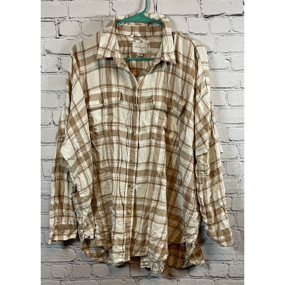 American Eagle Oversized Plaid Flannel Button Down Brown‎ & Cream Casual Small